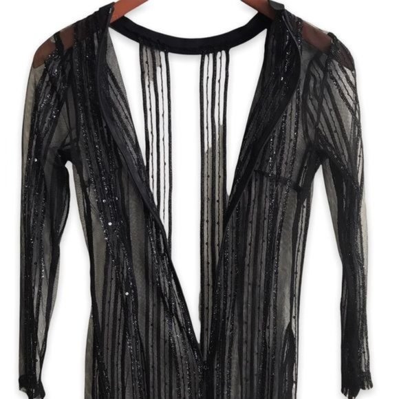 Black Sheer Mesh Sparkle Vertical Striped Maxi Dress | Gown - Picture 7 of 13